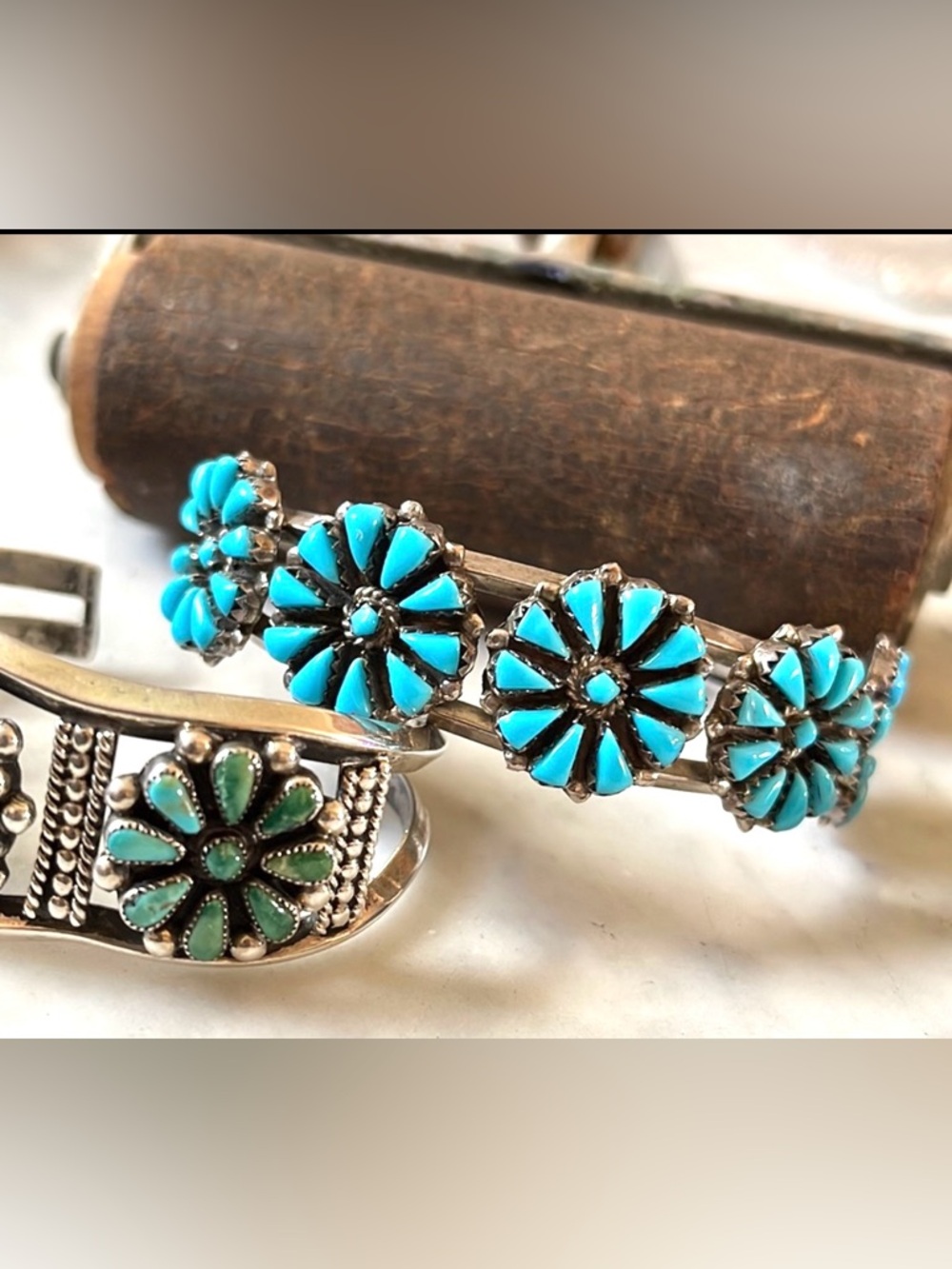 Vintage Zuni - 5 Flower Sterling Turquoise cuff Bracelet